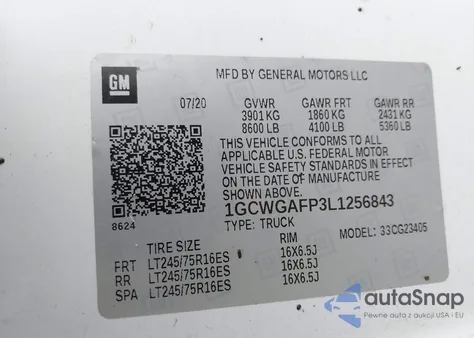 2020 Chevrolet Express Cargo Rwd 2500 Regular Wheelbase Wt из США, поврежденный, VIN 1GCWGAFP3L1256843